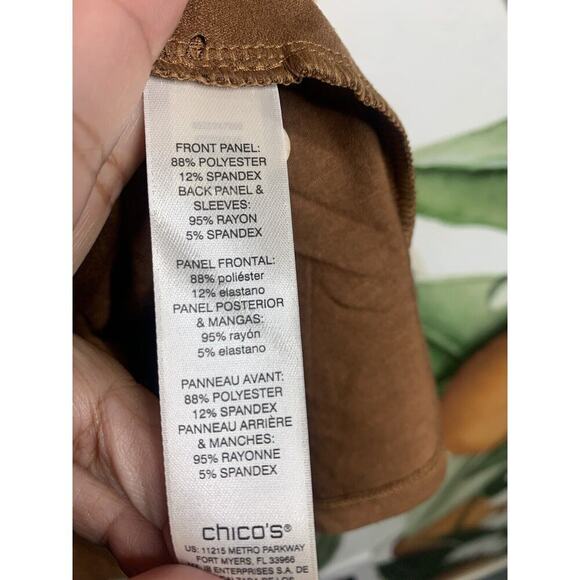 Chicos Size 3 US XL Brown Cognac Sueded Eyelet Cut out 4/3 Sleeve Tunic Top New - Picture 4 of 5